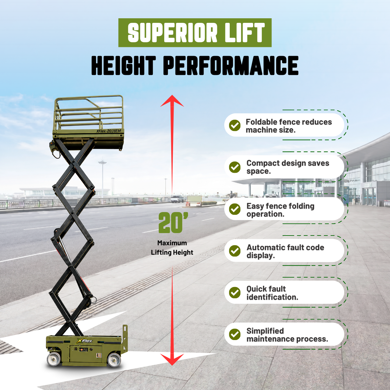 TYPHON xFlex-2031EM 1.2 Ton Electric Mini Scissor Lift&nbsp, 20 ft Max Platform Height&nbsp, 19.7-inch Platform Extension