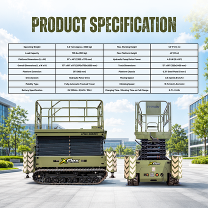 TYPHON xFlex-4068ET 3.2 Ton Electric Rubber Track Scissor Lift&nbsp; 40 ft Max Platform Height&nbsp; 5.4HP Hydraulic Pump Motor 35-Inch Platform Extension