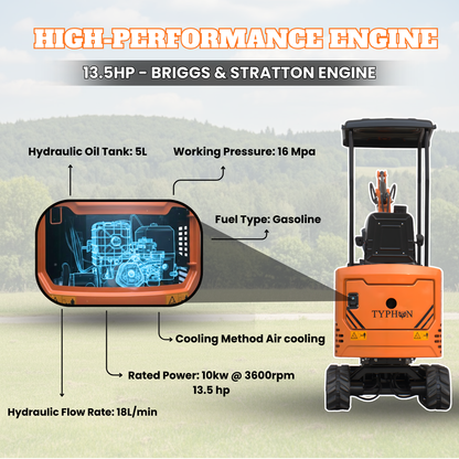 TYPHON TYRANT X 1-Ton Mini Excavator 13.5HP Briggs & Stratton Engine, Hydraulic Thumb Clip, Dozer Blade, 360° Body Swing