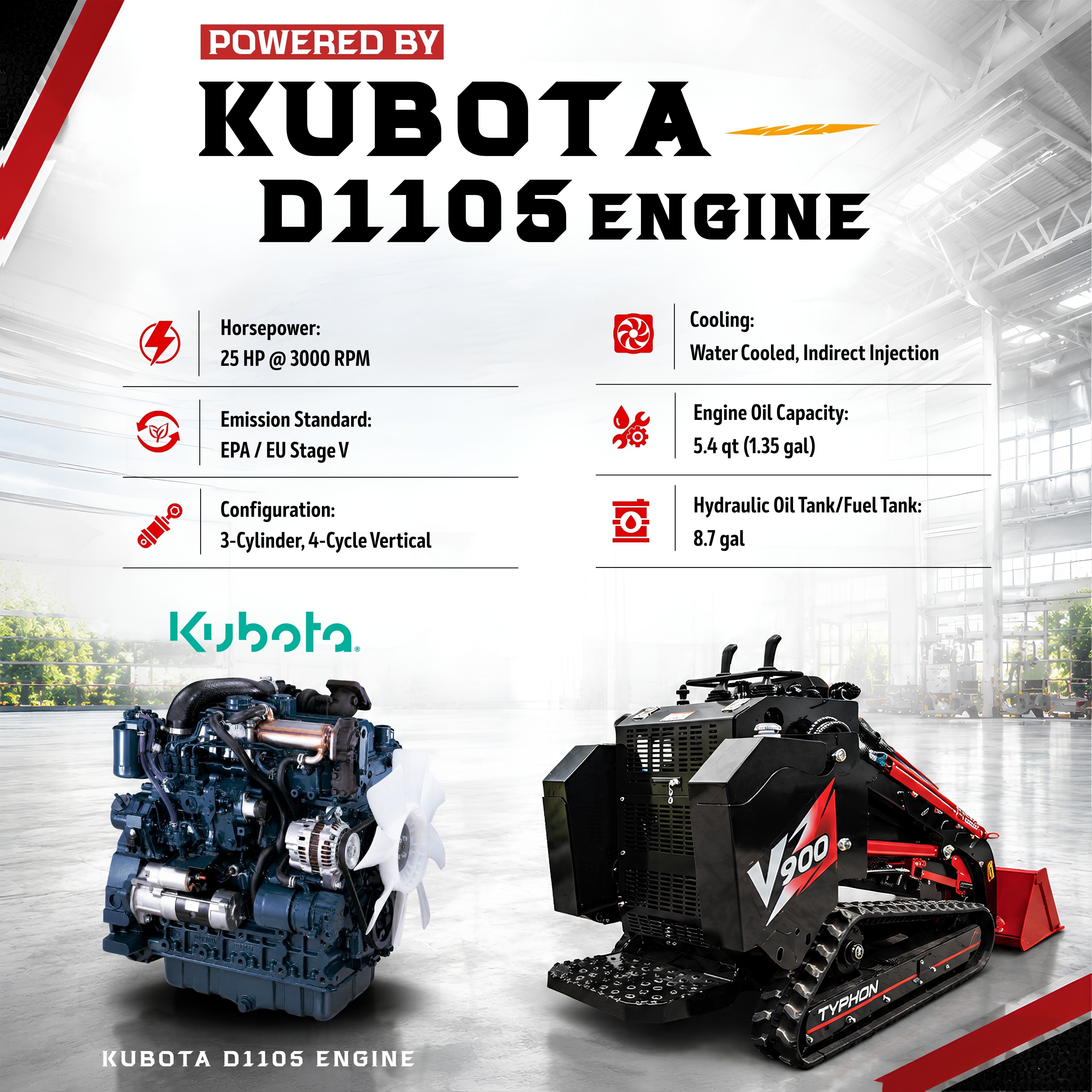 Typhon Stomp V900 Mini Track Loader Kubota D1105 25HP Diesel  Stand-On Skid Steer  EPA / EU Stage V