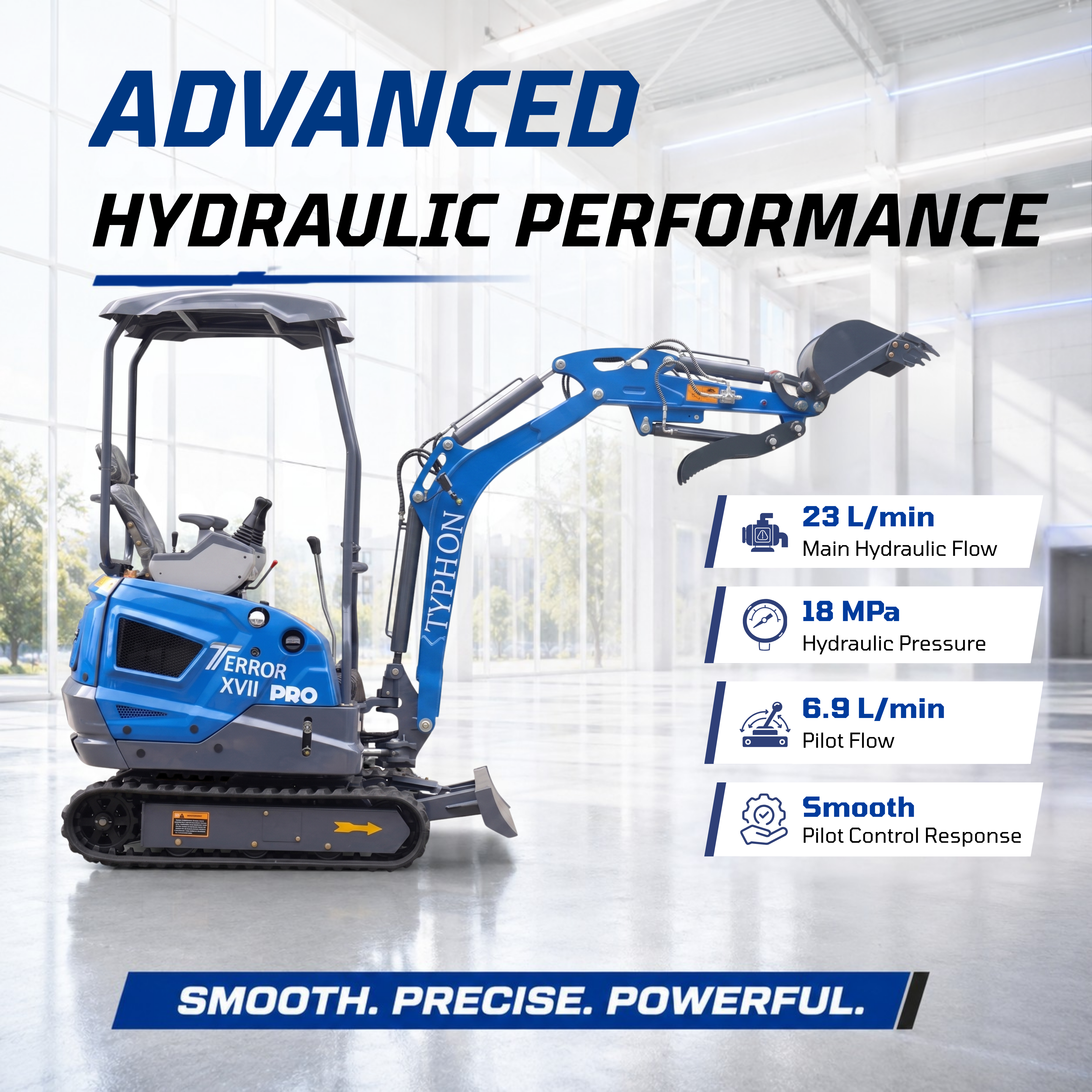 TYPHON TERROR XVII PRO 3800 lb mini excavator Hydraulic System Integrated Oil Cooler EPA-Certified Kubota D902 Engine