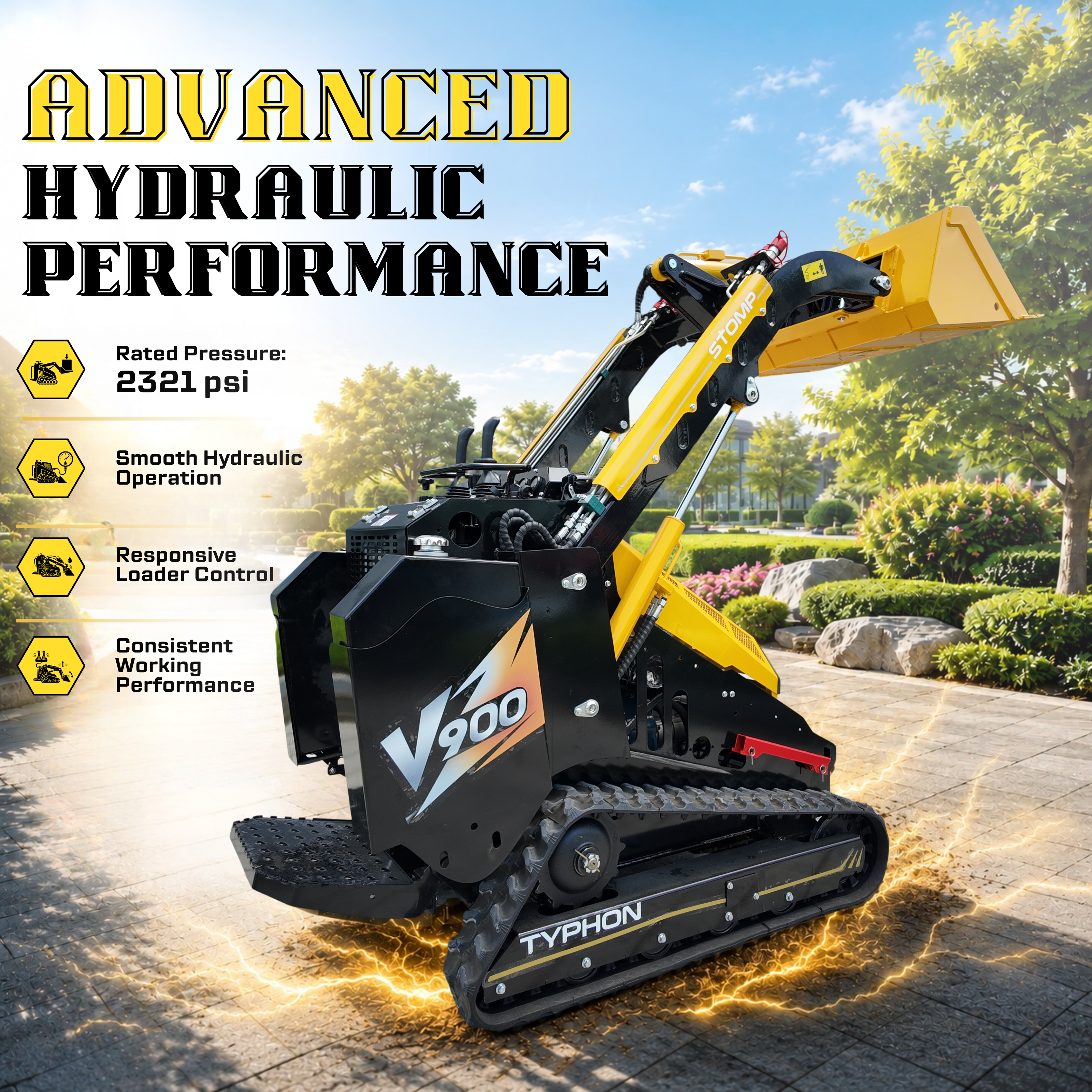 Typhon Stomp V900 Mini Track Loader  Kubota D1105 25HP Diesel  Stand-On Skid Steer Dual Aux Hydraulics  EPA Stage V