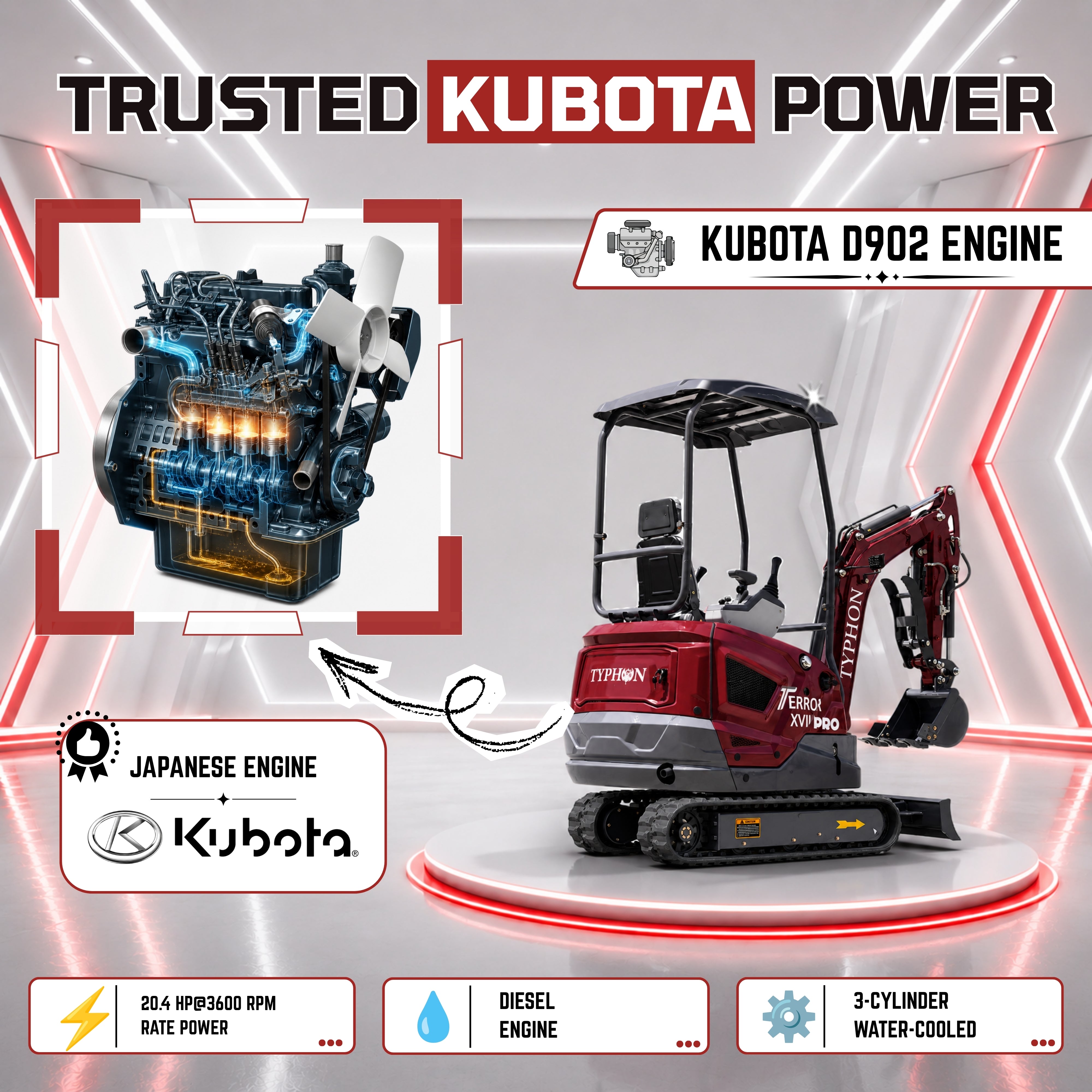 YPHON TERROR XVII PRO Mini Excavator. Powered by a Kubota D902 engine, featuring dual auxiliary hydraulics, 86-inch diging depth, and a hydraulic thumb. Free Shipping.