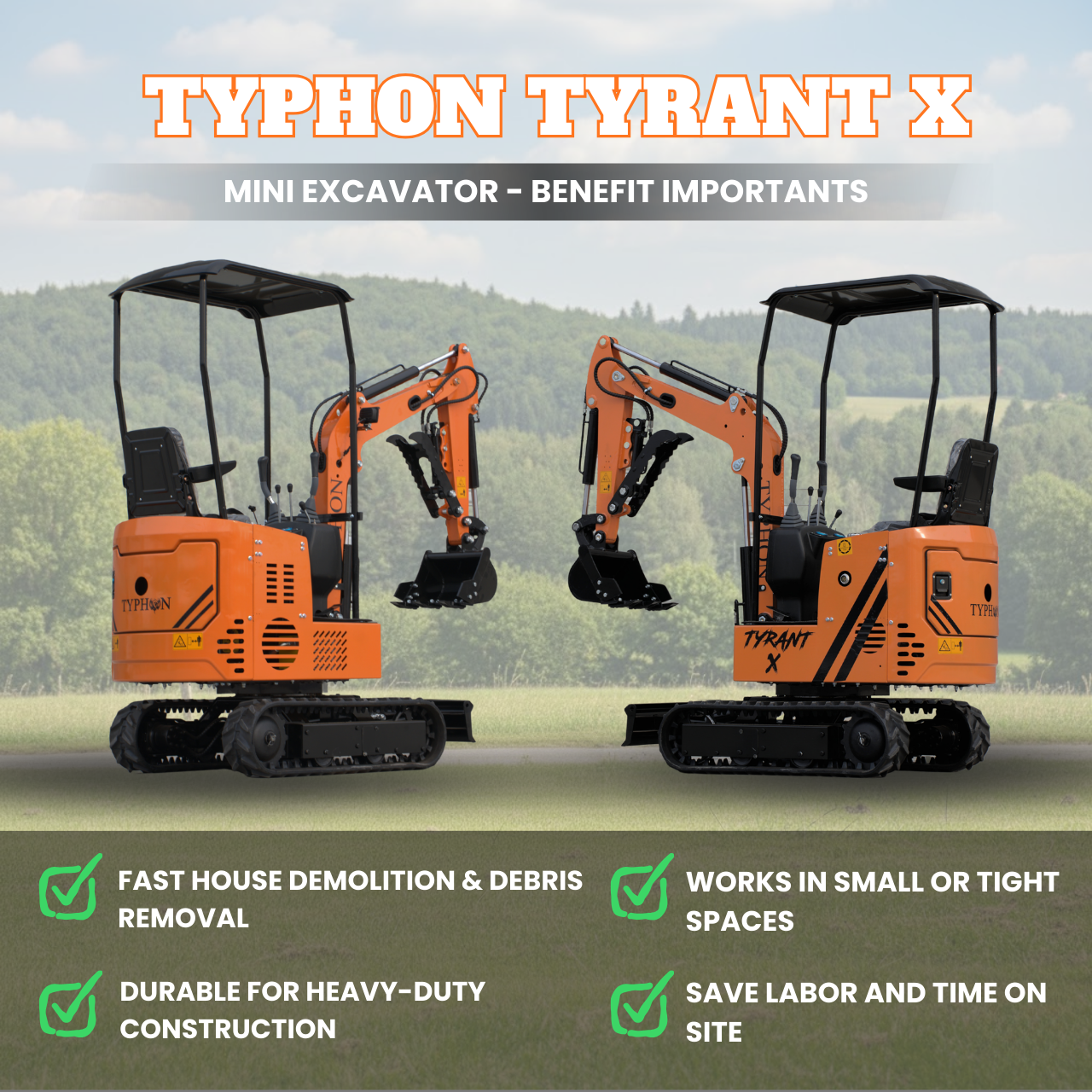 TYPHON TYRANT X 1-Ton Mini Excavator 13.5HP Briggs & Stratton Engine, Hydraulic Thumb Clip, Dozer Blade, 360° Body Swing