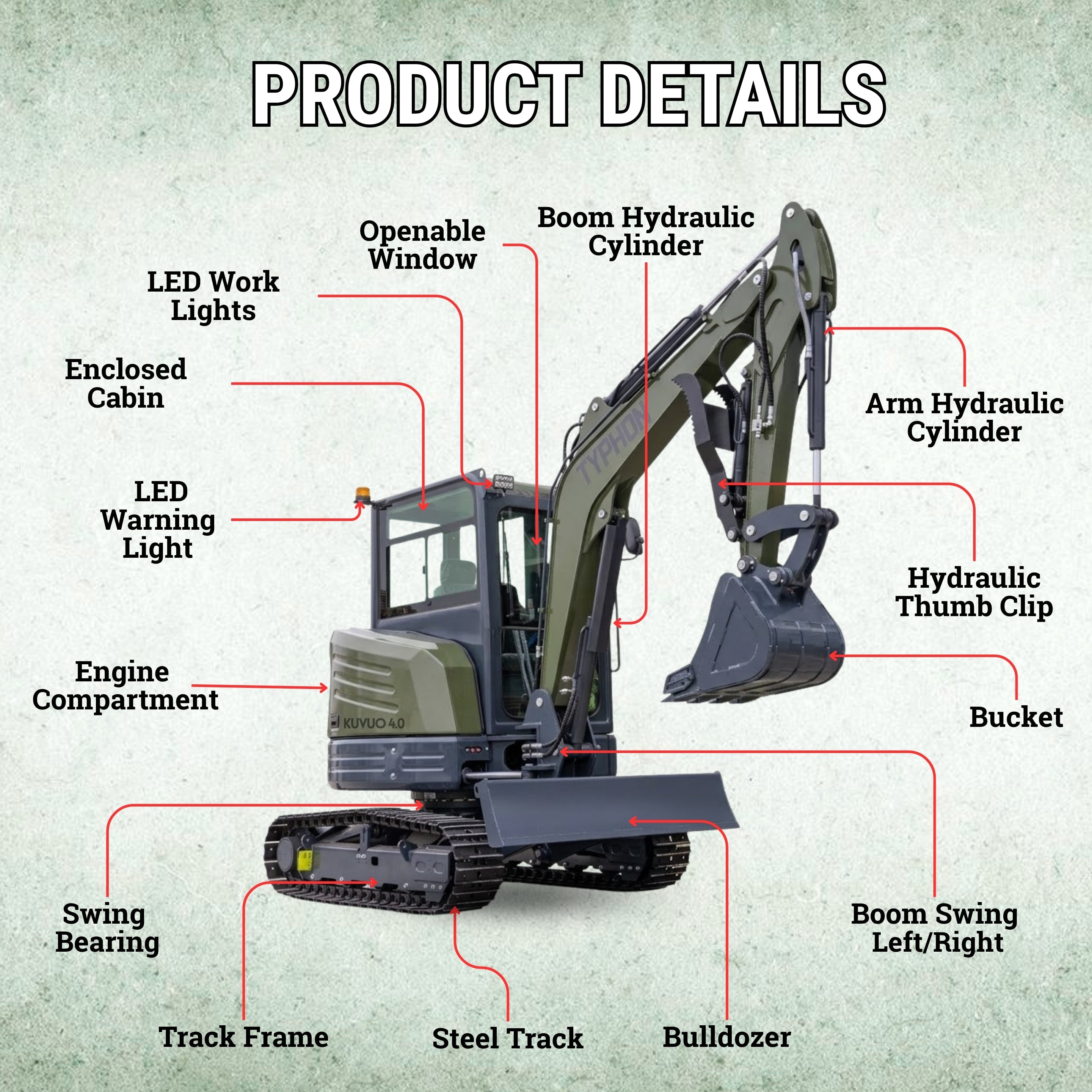 TYPHON KUVOU 4.0 mini excavator Kubota D1703 Diesel engine with 4Ton Operating Weight AC/ Heater