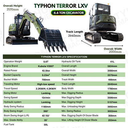 TYPHON TERROR LXV 6.6 Ton Mini Excavator Kubota V2607 56.9HP AC/Heater Cabin Boom Swing Two Speed Travel 0.23m³ Bucket  Heavy Duty Construction Machine