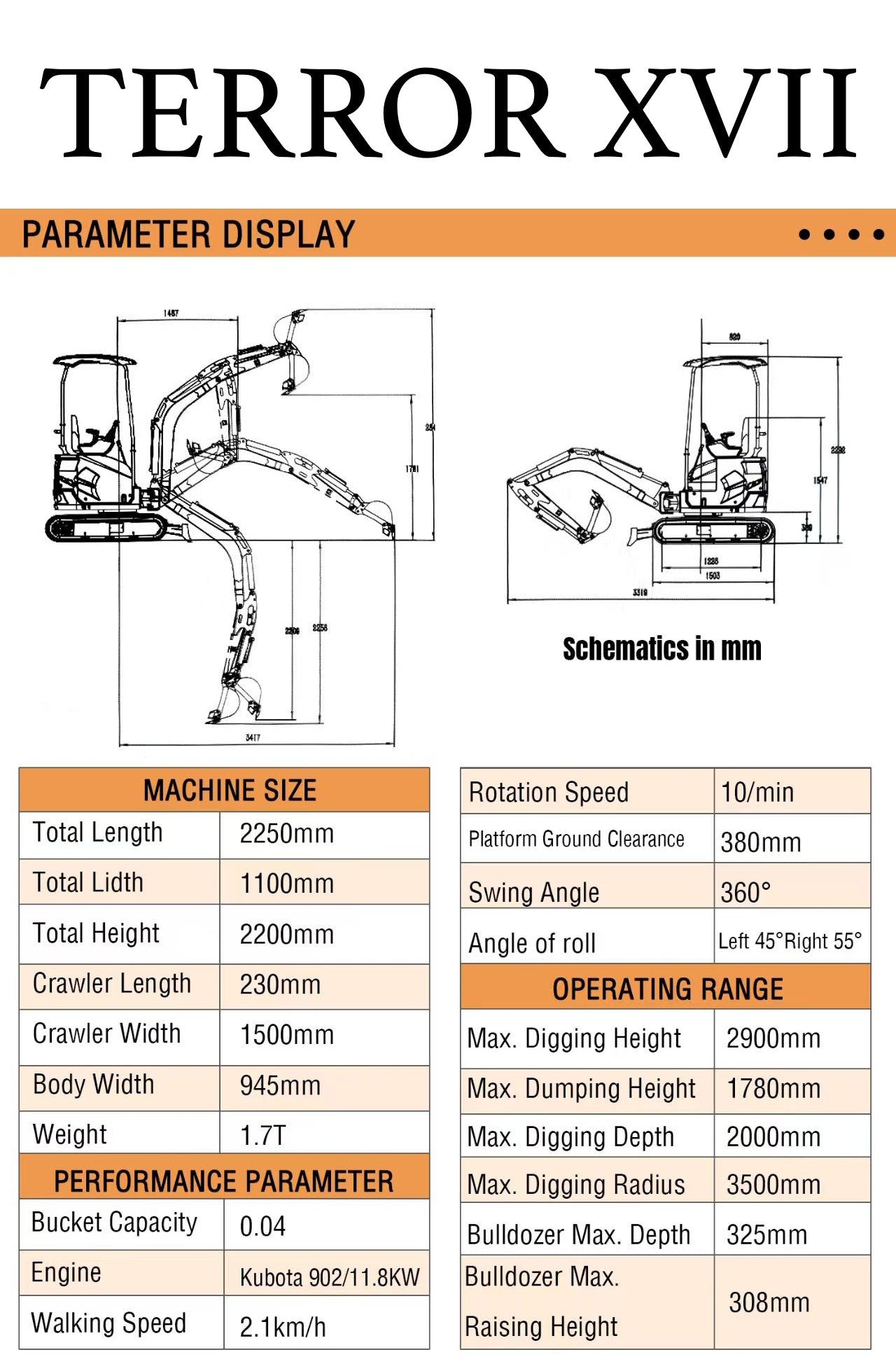 2025 3800 lb TYPHON TERROR XVII Mini Excavator Kubota D902