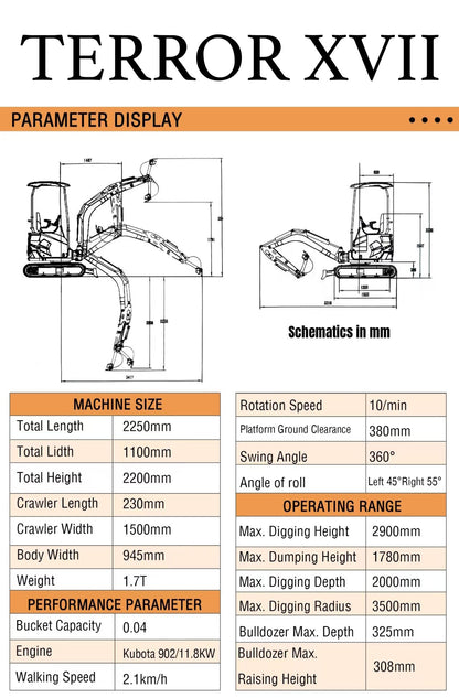 2025 3800 lb TYPHON TERROR XVII Mini Excavator Kubota D902
