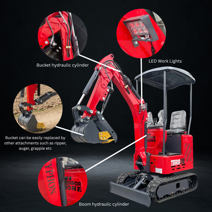 TYPHON TERROR ONE STORM Mini Excavator 1 Ton Trench Digger with Canopy, Hydraulic Oil Cooler, Hydraulic Thumb Clip, Bucket, 13.5hp B&S Gas Engine USA