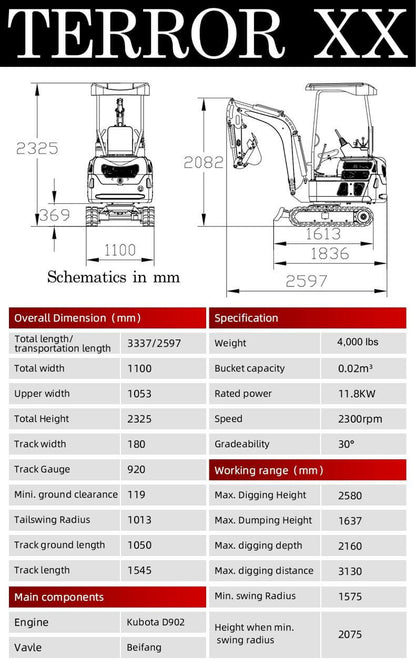 4,000 lb TYPHON TERROR XX Yellow Mini Excavator Kubota D902 Engine