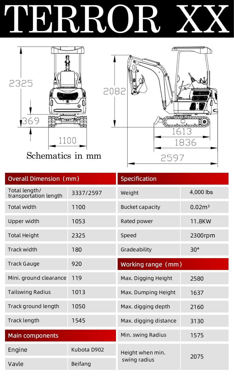 4,000 lb TYPHON TERROR XX Yellow Mini Excavator Kubota D902 Engine